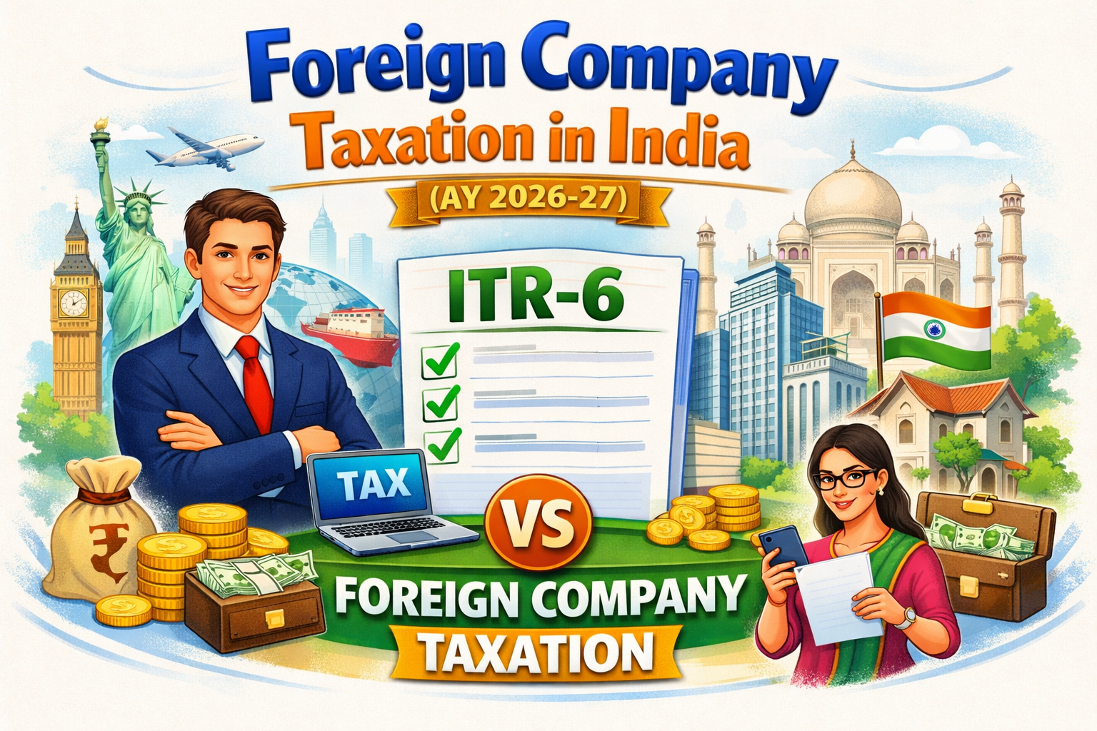 Light‑colored thumbnail showing “Foreign Company Taxation in India AY 2026‑27” with ITR‑6 form, global landmarks, rupee coins, and business professional.