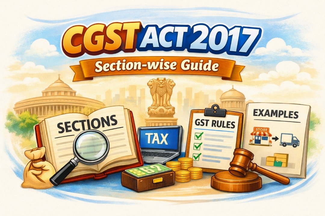 “CGST Act 2017 Section‑wise Guide” with GST rules, sections book, magnifying glass, gavel, and Parliament background.